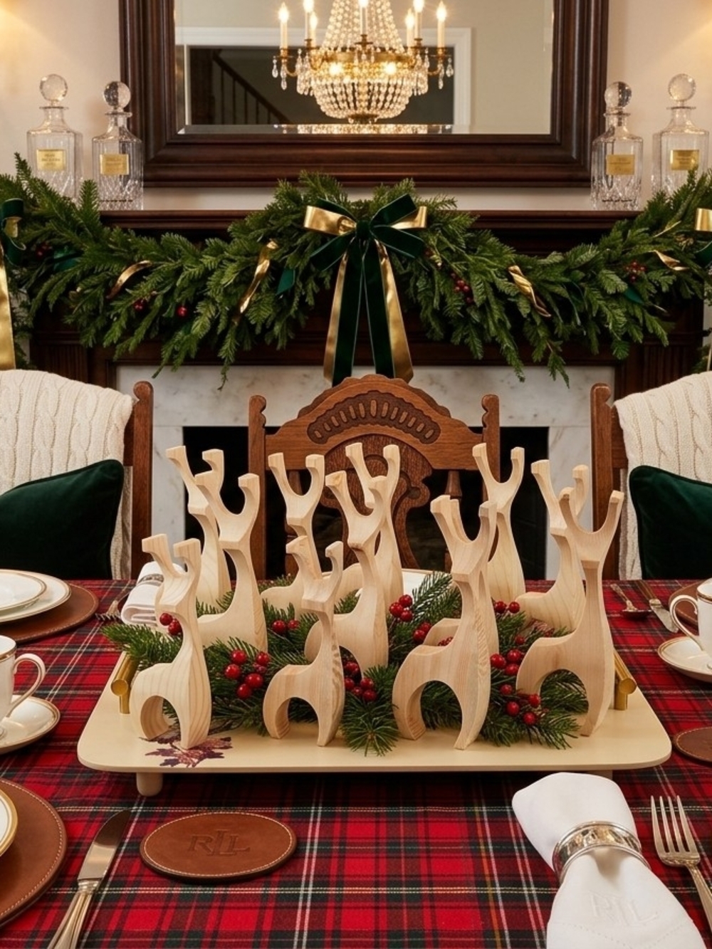 Eight Wood reindeer Stylized Scandinavian-inspired holiday decorations